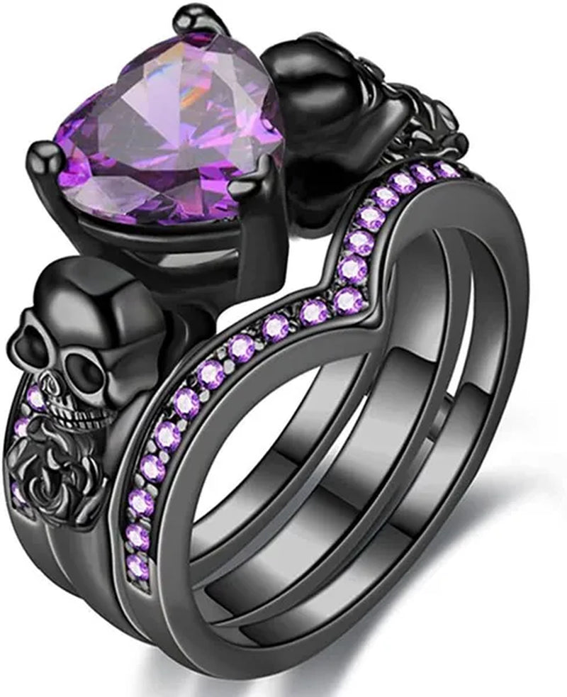 Gothic Skull Black Rings Set Women Rose Flower Red Purple Heart Love Zircon Crystal Christmas Anniversary Engagement Gift Cocktail Party Biker Jewelry