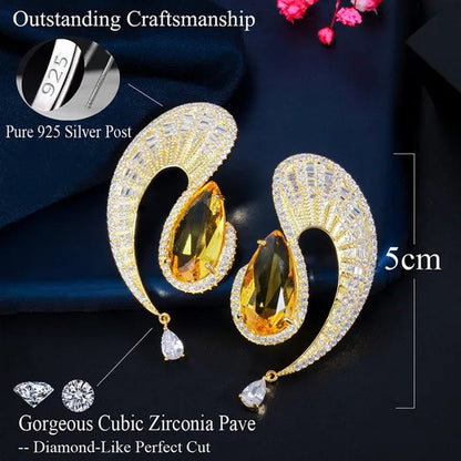 CANDICE Gorgeous 18K Gold Plated Inlay Pear Cut Citrine Stone Big Geometric Stud Earrings Jewelry for Female Dress Accessories