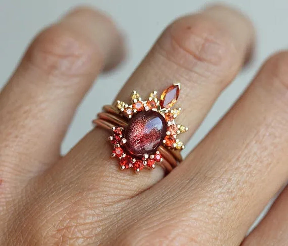 Bohemia Creative Rose Gold Stack with Diamond Gem Three-piece Ring for Women Ruby Crystal Ring Set Jewelry Gifts