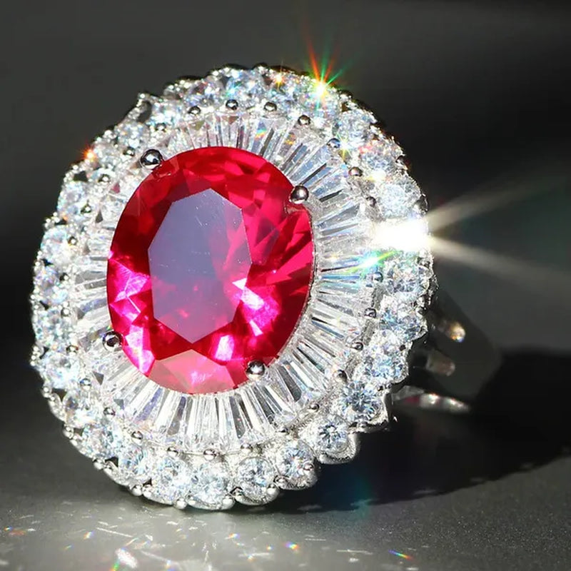 Huge  Silver Ruby & White Sapphire Birthstone Gemstones Engagement Wedding Anniversary Flower Ring