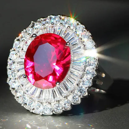 Huge  Silver Ruby & White Sapphire Birthstone Gemstones Engagement Wedding Anniversary Flower Ring