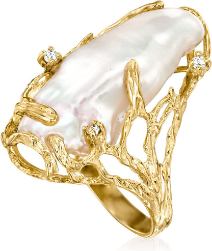 10X24Mm Cultured Baroque Pearl Ring with Diamond Accents in 14Kt Yellow Gold