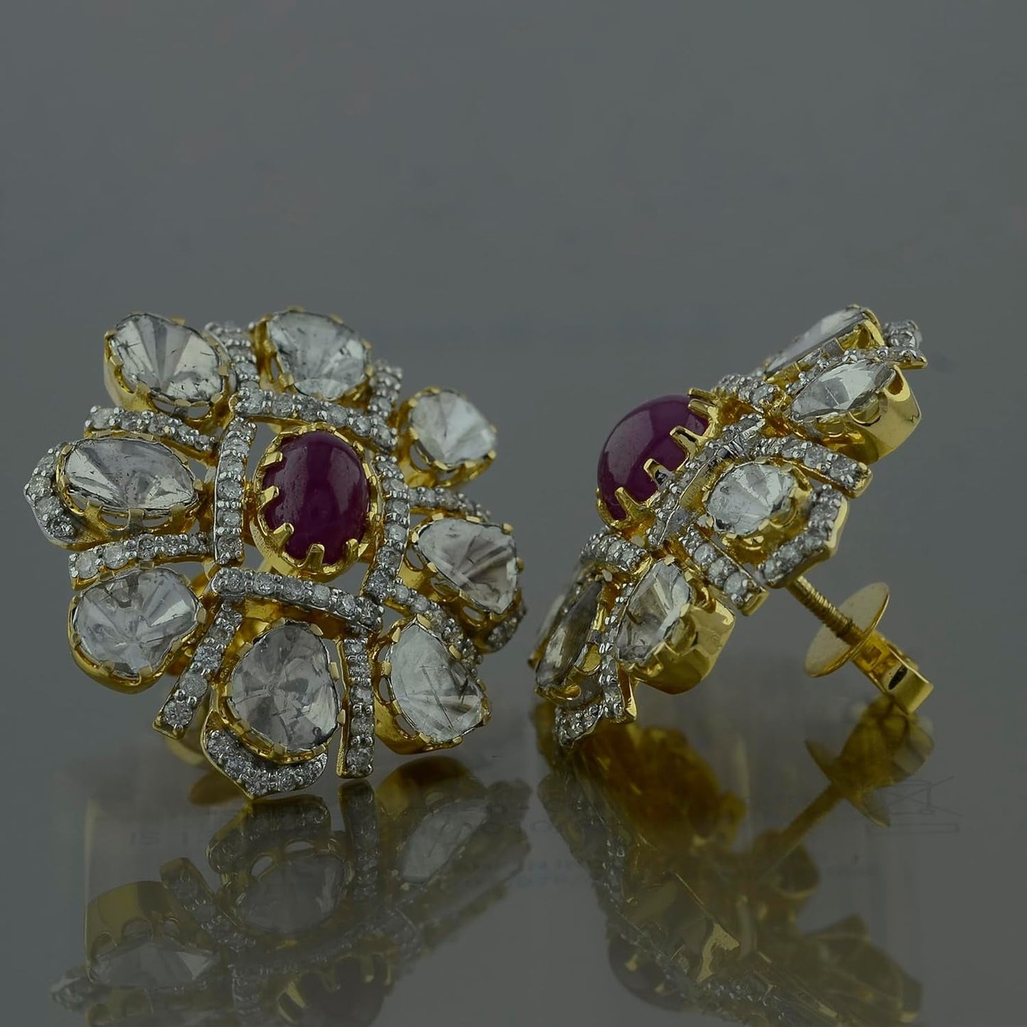 Solid 18K Yellow Gold Genuine Cabochon Ruby Diamond Art Deco Stud Earrings Certified Polki Diamond Earrings for Women