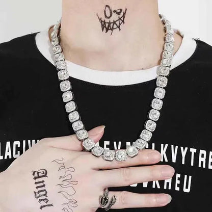 12mm Iced Out Square Tennis Chain Necklace,Diamond Cuban Link Necklace Hip Hop Jewelry with For Men Women Charm Jewelry