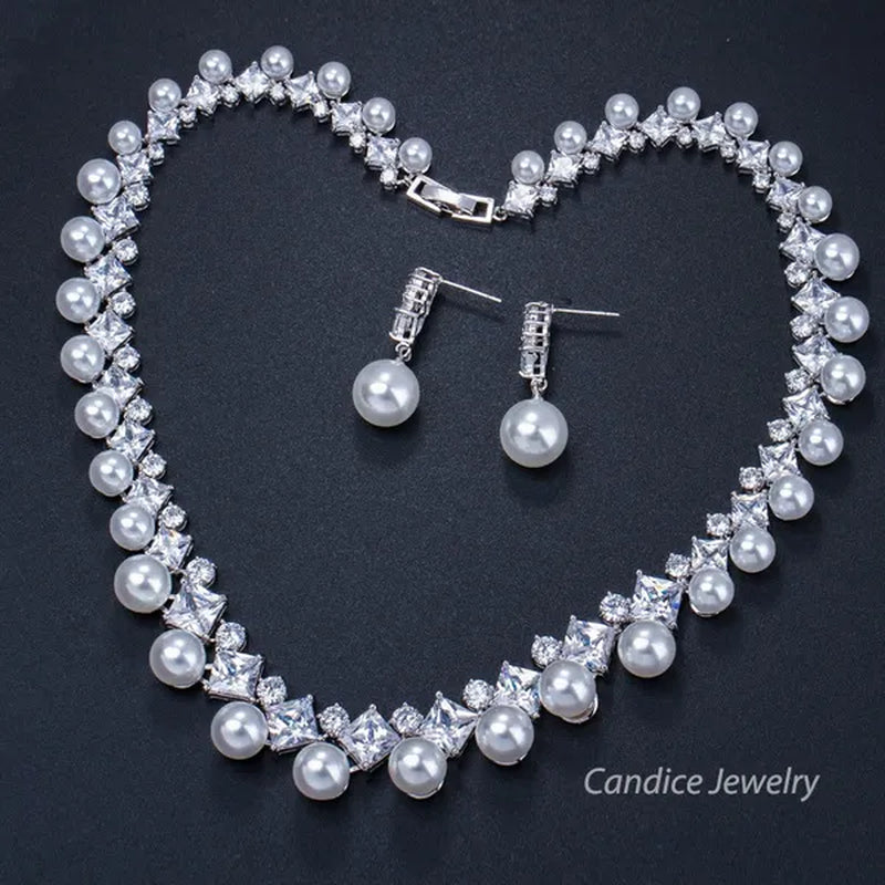 CANDICE High Quality White Gold Plating Square CZ Stone With White Pearl Luxurious Bridal Jewelry Wedding Choker Necklace and Drop Earrings Sets for Brides Dress Accessories