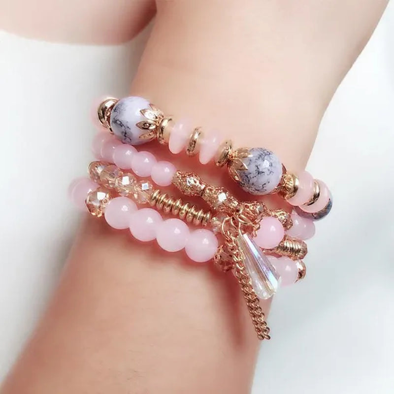 Women'S Bohemian Creative Beaded Crystal Bracelet 4 Pack Multi-Layer Beaded Fashion Bracelet