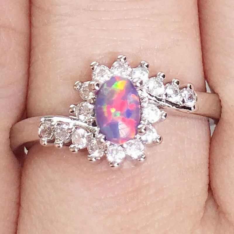 Exquisite  Silver Natural Sapphire Gemstones Opal Birthstone Bride Princess Wedding Engagement Strange Ring Size 6 7 8 9 10