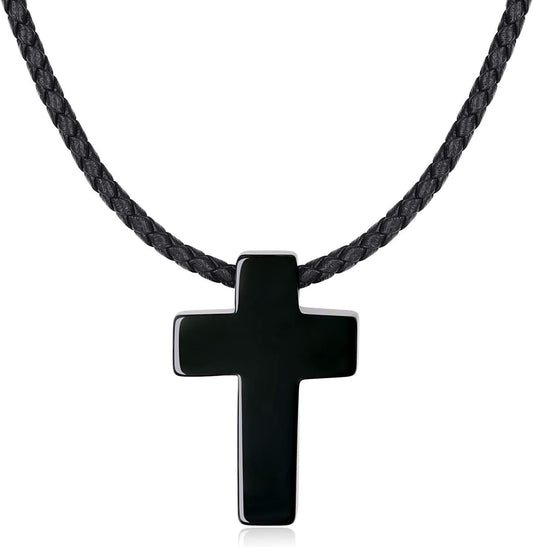 Religious Jewelry Obsidian Stone Cross Pendant Necklace