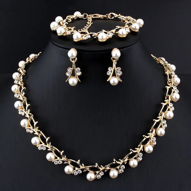 Elegant 3Pcs/Set Party Gift Wedding Bridal Jewelry Diamond Imitation Pearl Necklace Earring Sets