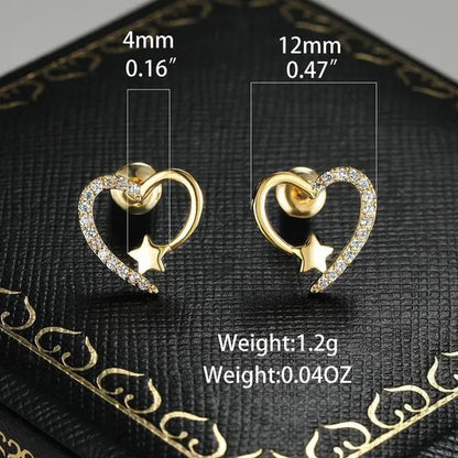14K Gold Love Heart Star White Zircon Stud Earrings for Women Wedding Engagement Bride Jewelry Gift
