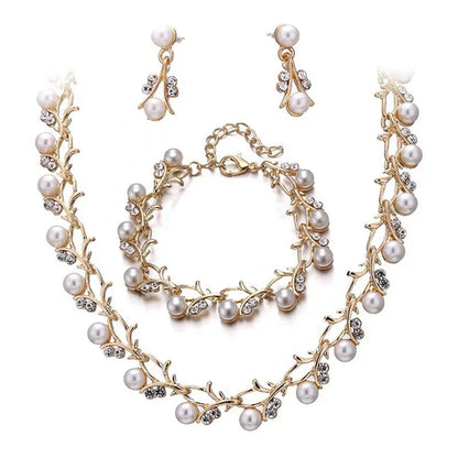 Elegant 3Pcs/Set Party Gift Wedding Bridal Jewelry Diamond Imitation Pearl Necklace Earring Sets