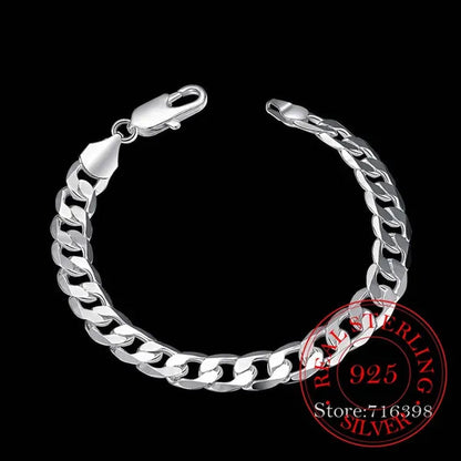Men's Fine Jewelry 8 Inch 20cm Bracelet 925 Sterling Silver Fashion Charm 8MM Sideways Flat Chain Bracelets Bangle For Women Men