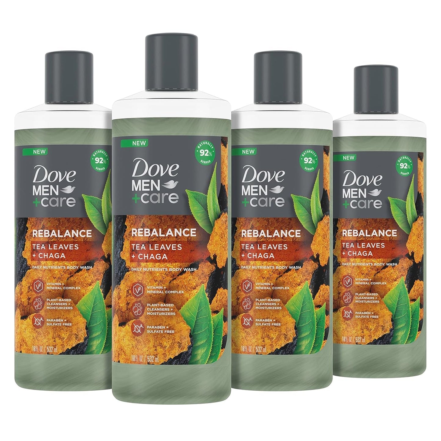 Rebalance Body Wash Tea Leaves and Chaga 4 Count with Vitamin and Mineral Complex Moisturizing Body Wash with Plant Based Ingredients 18 Oz