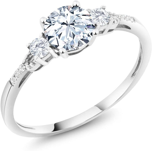 10K White Gold 6MM round Gemstone Birthstone White Created Sapphire & White Diamond Accent 3-Stone Engagement Ring | Three-Stone Wedding Anniversary Promise Ring for Women