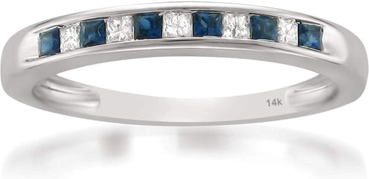 1/3 Carat Diamond, Channel-Set 14K White Gold Princess Cut Diamond and Blue Sapphire Wedding Band Ring (H-I, I1-I2) Natural Diamond Wedding Band for Women | Gift Box Included