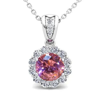 Luxury Silver Plated Pink Sapphire with Side Lab Diamond Pendant Necklaces for Women Romantic Engagement Wedding Crystal Jewelry Gifts