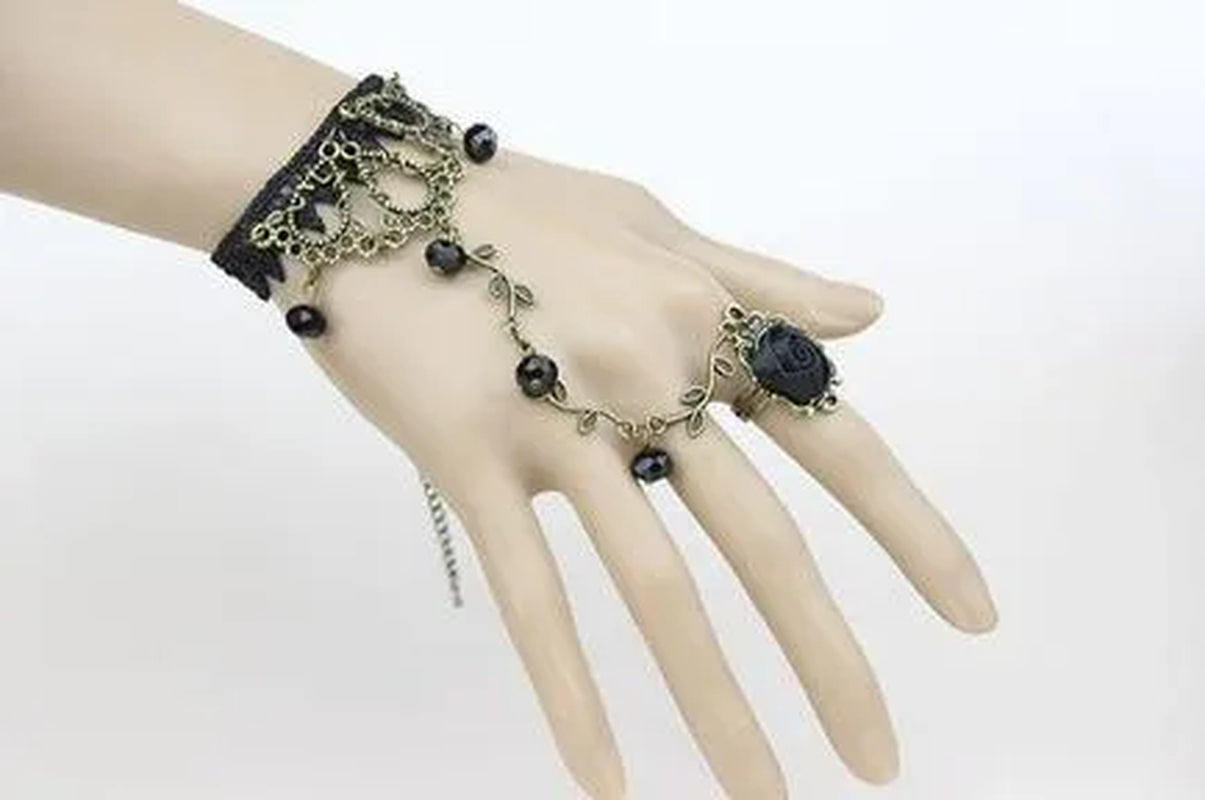 Victorian Style Black Lace Floral Rose Flower Link Chain Slave Bracelet Ring Set Goth