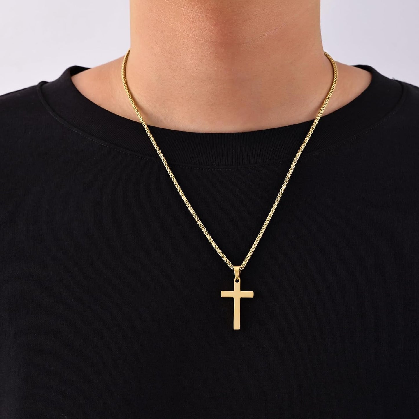 Cross Necklace for Men, Silver Tone/Gold Plated/Black Mens Cross Necklaces with 2.5Mm Chain, Stainless Steel Wheat Chain, 16-24 Inch