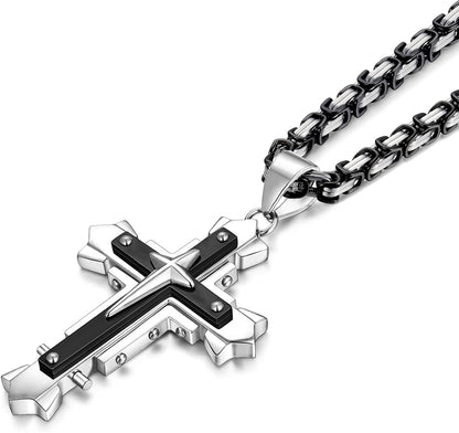 Stainless Steel Large Jesus Christ Cross Pendant Necklace Religious Jewelry for Men,On 24 in Rolo/Byzantine Chain,Silver/Gold/Black