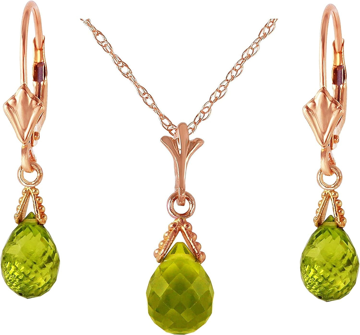 14K Solid Gold Jewelry Set: Natural Briolette 7 Carat Total Peridot Pendant Necklace and Dangle Earrings