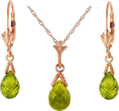14K Solid Gold Jewelry Set: Natural Briolette 7 Carat Total Peridot Pendant Necklace and Dangle Earrings
