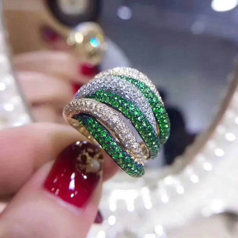 Luxury Silver Natural Gemstones Emerald Twist Rings Birthstone Engagement Rings Wedding Anniversary Bride Women Ring Size 6 7 8 9 10