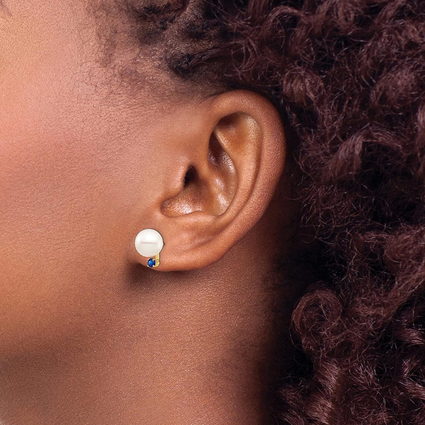 14K Yellow Gold White round Shape Freshwater Cultured Pearl Sapphire Post Earrings Fine Jewelry for Women Gifts for Her (8-8.5Mm)