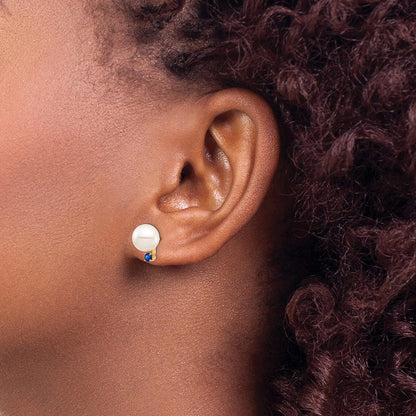 14K Yellow Gold White round Shape Freshwater Cultured Pearl Sapphire Post Earrings Fine Jewelry for Women Gifts for Her (8-8.5Mm)