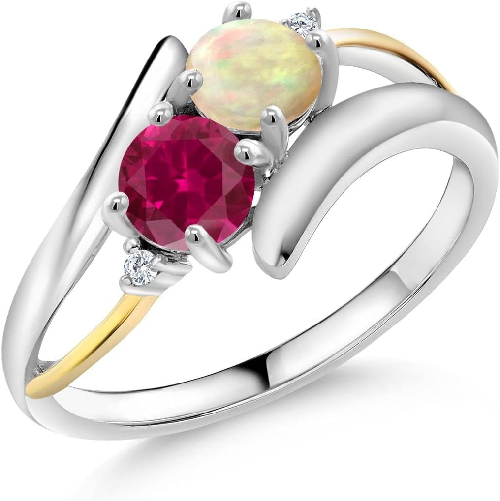 925 Sterling Silver & 10K Yellow Gold round Cabochon White Ethiopian Opal Red Created Ruby & Lab Grown Diamond Women Ring (1.32 Cttw, Available in Size 5, 6, 7, 8, 9)