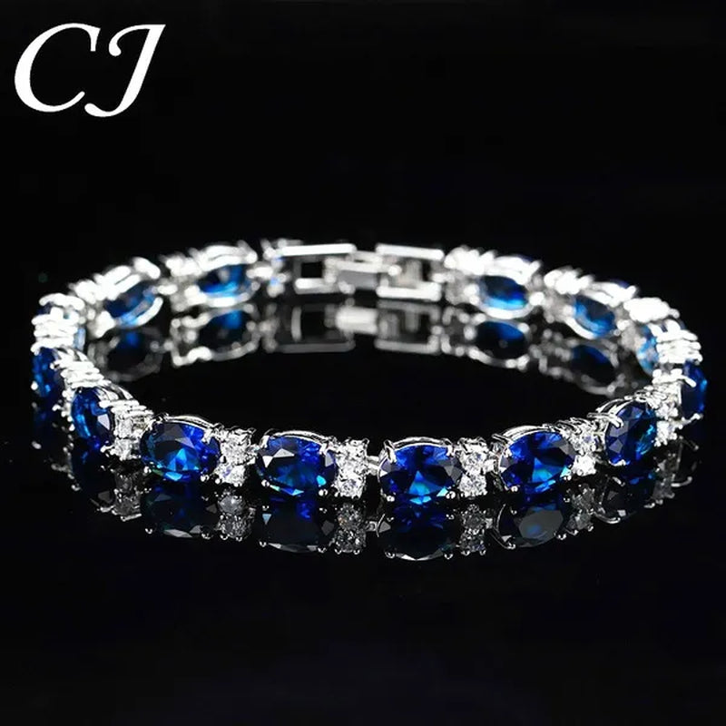 CANDICE Top Grade Blue Oval Women Silver Plated Jewelry Pave White Cubic Zirconia Noble Tennis Bracelet Bangles with Extended Clasp