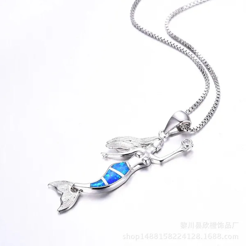 Heat! New Fashion Mermaid Fire Opal 925 Silver Pendant Necklace Bridal Personality Glamour Wedding Jewelry  5 colors