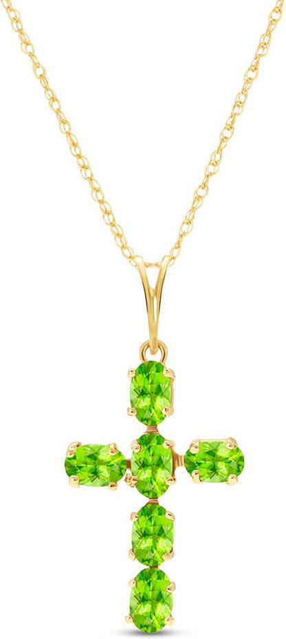 14K Gold Natural Peridot Cross Pendant Necklace
