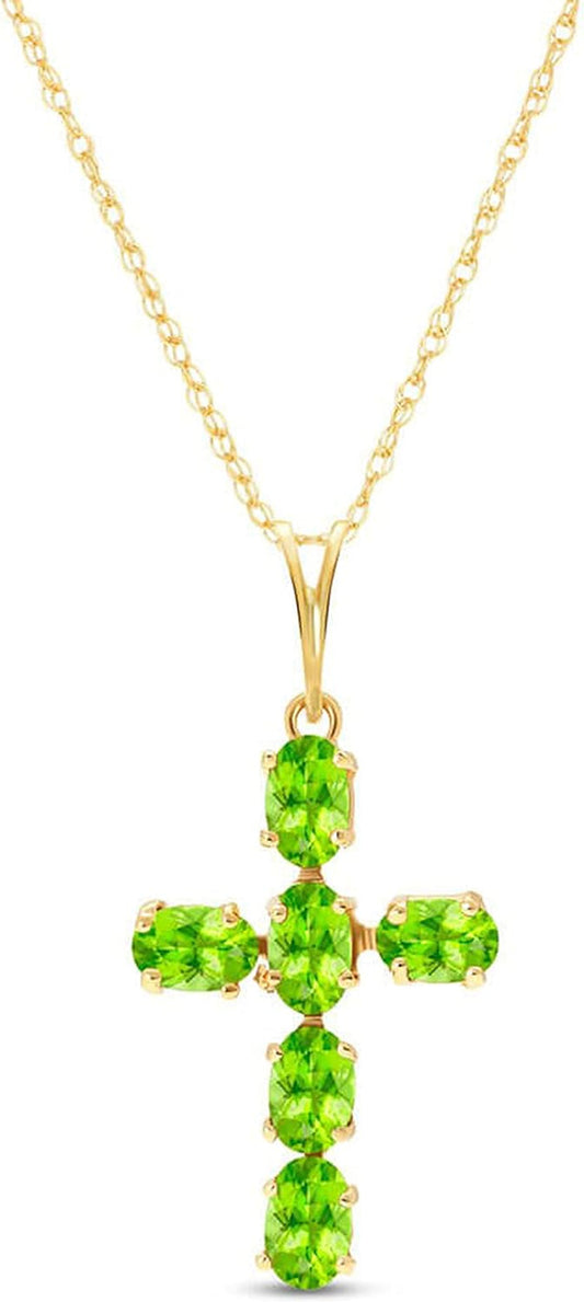 14K Gold Natural Peridot Cross Pendant Necklace