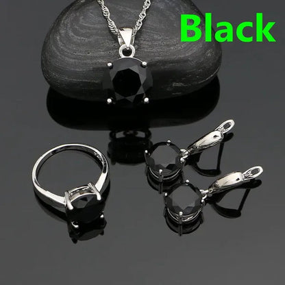 White Topaz 925 Sterling Silver Jewelry Ring Pendant Chain Earrings Set Classic Wedding Jewelry for Women Bride 3pcs