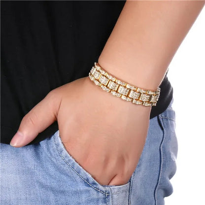 Mens fashion 24K Gold / 925 Silver Plated Solid Stainless Steel Chain Iced Diamond Thick Miami Cuban Link Chain DIAMOND Bracelet Hip hop Jewelry