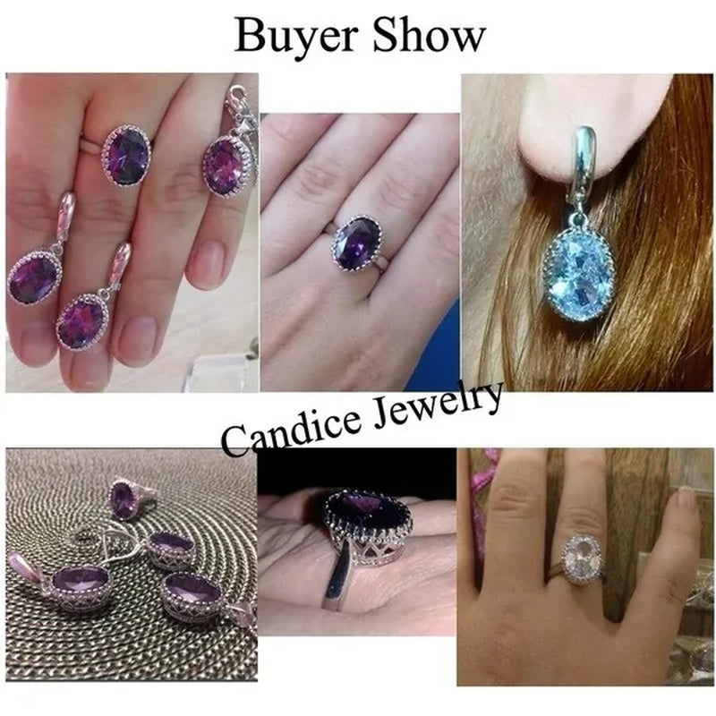CANDICE Romantic Round Shaped Purple Crystal Sterling Silver Plated Jewelry Set For Party Necklace Earrings Ring Sets（US 6-9)