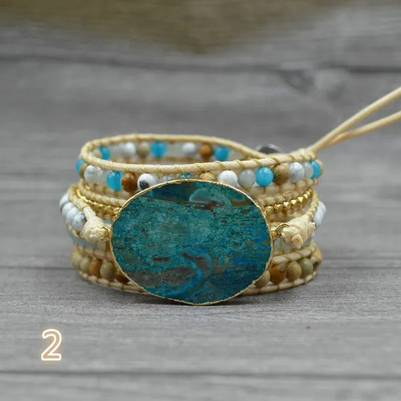 Vintage Boho Handmade Turquoise Charm Natural Stone Beads Bracelets Adjustable Wrap Leather Bracelet Jewelry