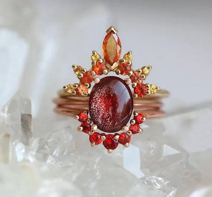Bohemia Creative Rose Gold Stack with Diamond Gem Three-piece Ring for Women Ruby Crystal Ring Set Jewelry Gifts
