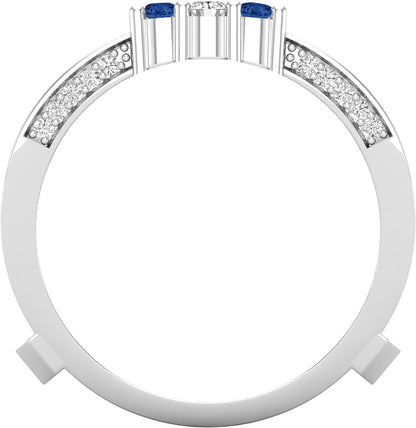round Gemstone and White Diamond Enhancer Double Wrap Guard Anniversary Band Ring for Women in 18K White Gold (White Diamond- 0.33 CT, Color I-J, Clarity I1-I2)