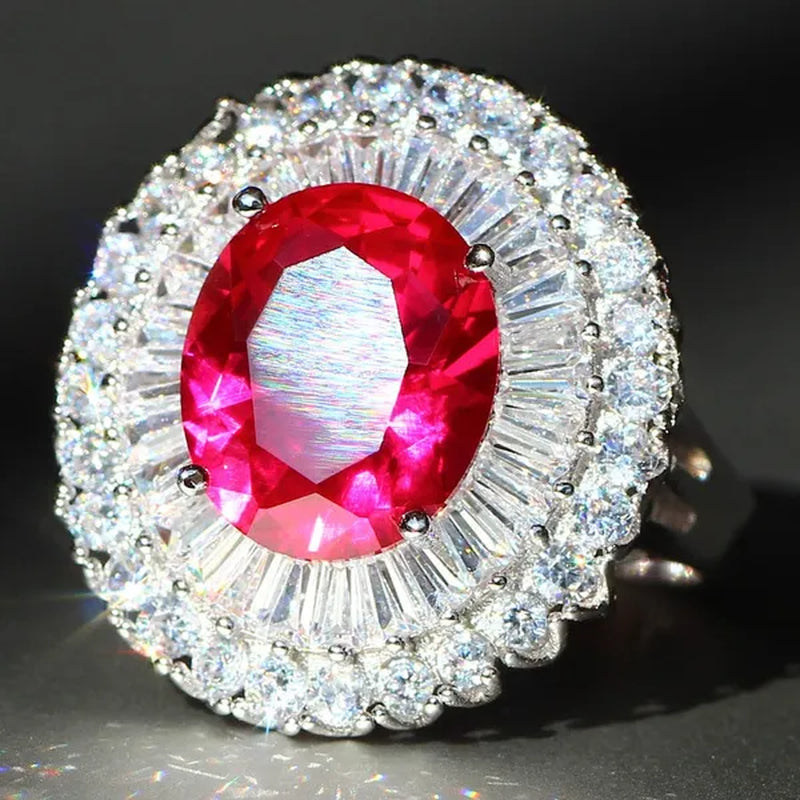 Luxurious  Silver Natural Gemstones Ruby And White Sapphire Wedding Birthstone Bride Engagement Multilevel Square Ring Jewelry Size 6 7 8 9 10