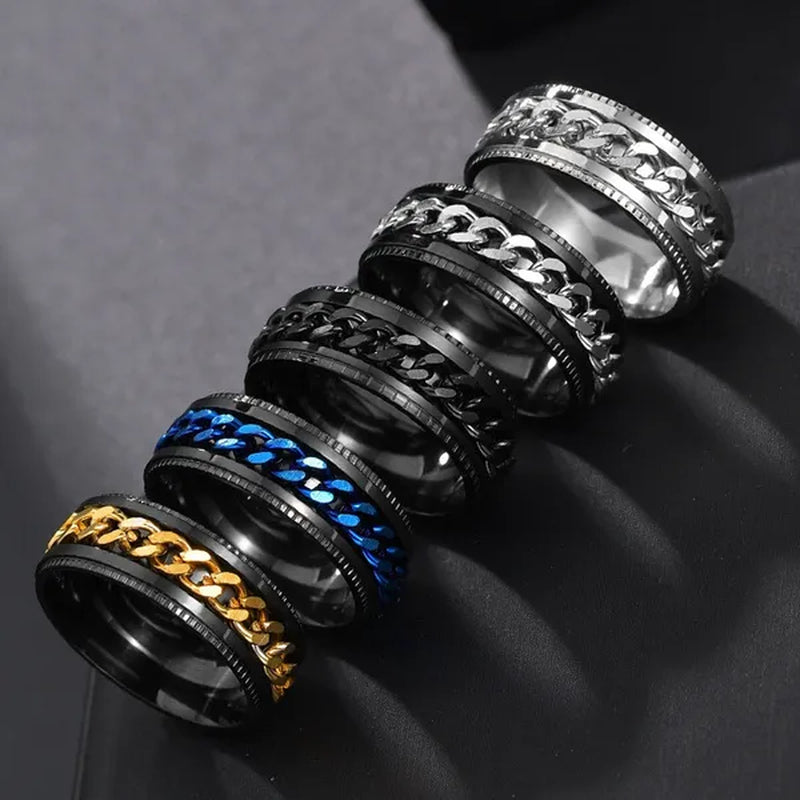 Fashion Punk Stainless Steel 8Mm Rings for Men Chain Rings Biker Grooved Edge, Size 5-13