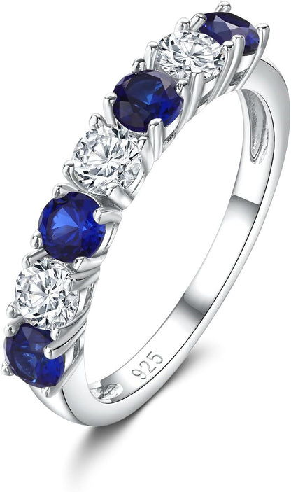 925 Sterling Silver Birthstone Rings for Women White Sapphire Created Gemstone Wedding Band Stackable Half Eternity 7 Stone Anniversary Ring Wife Mom Grandma Birthday Jewelry Size 6-10