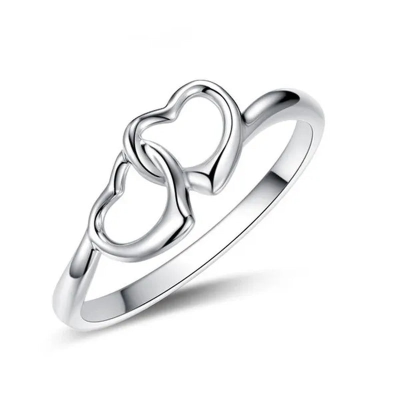 Cute Simple Double Heart Shaped Ring Elegant 925 Sterling Silver Rings Gifts for Women Girl