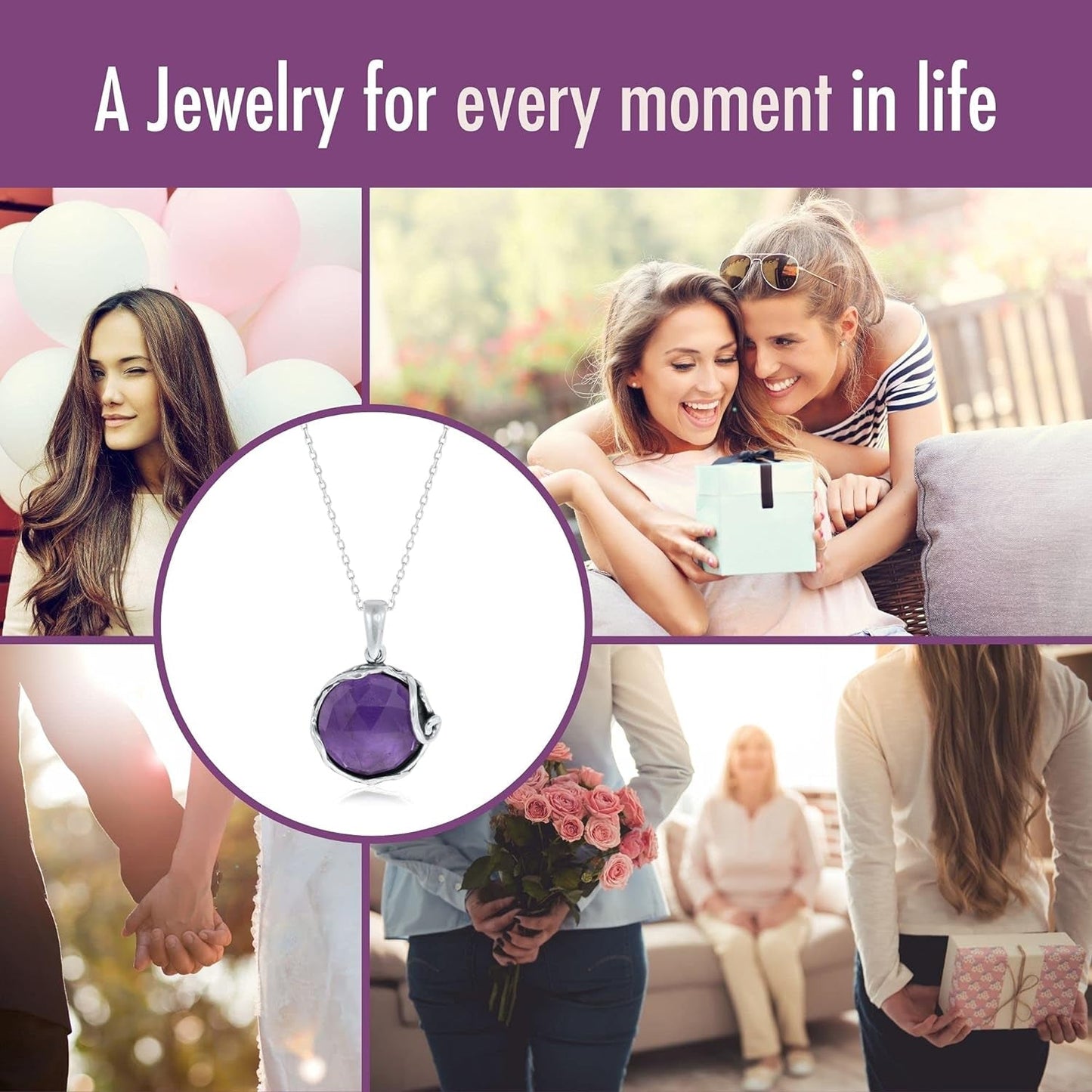 925 Sterling Silver Purple Amethyst Large Pendant; Natural February Birthstone round Pendant; Unique Jewelry for Women ; Handmade Vintage Style Amethyst Necklace for Classy Women