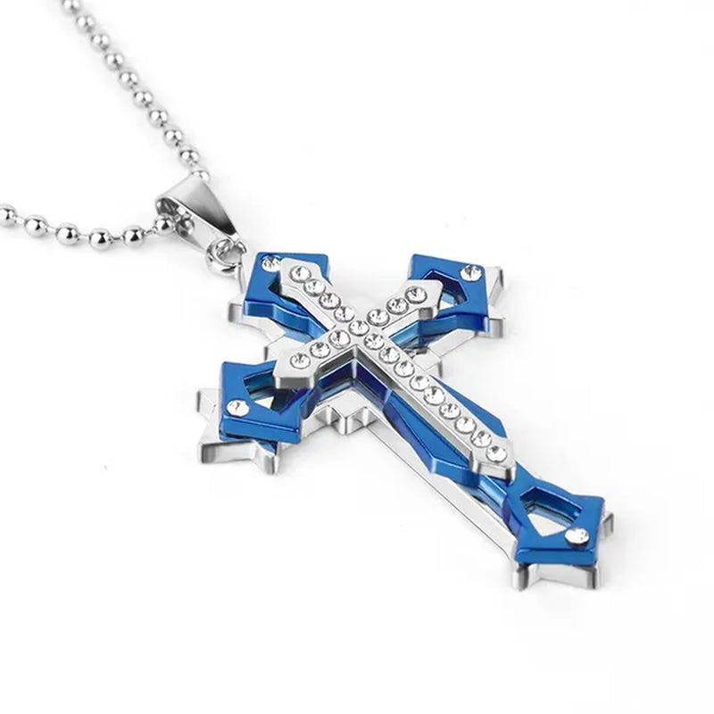 Fashion Men's Creative Diamond Cross Necklace Double Pattern Jesus Cross Pendant Hip Hop Necklaces for Men Cross Jewelry Religious Belief Amulet Birthday Anniversary Gift