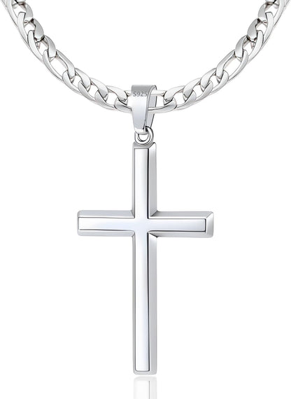 S925 Sterling Silver Beveled Edge Cross Necklace for Men Women with 5Mm Figaro Link Chain, Gold Plated/Sterling Silver Fashionable Men'S Crucifix Pendant Chain Necklaces 16-30 Inches