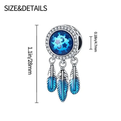 Original 925 Sterling Silver Blue Zircon Dream Catcher Stars Pattern Pendant Charm Fit Woman Bracelet Diy Fashion Jewelry