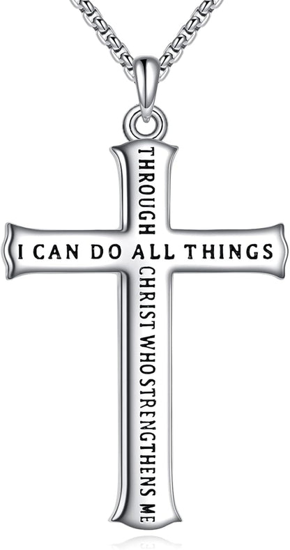 Men'S Cross Necklace Sterling Silver Catholic Faith Cross Pendant Necklace Christian Jewelry Gifts for Men