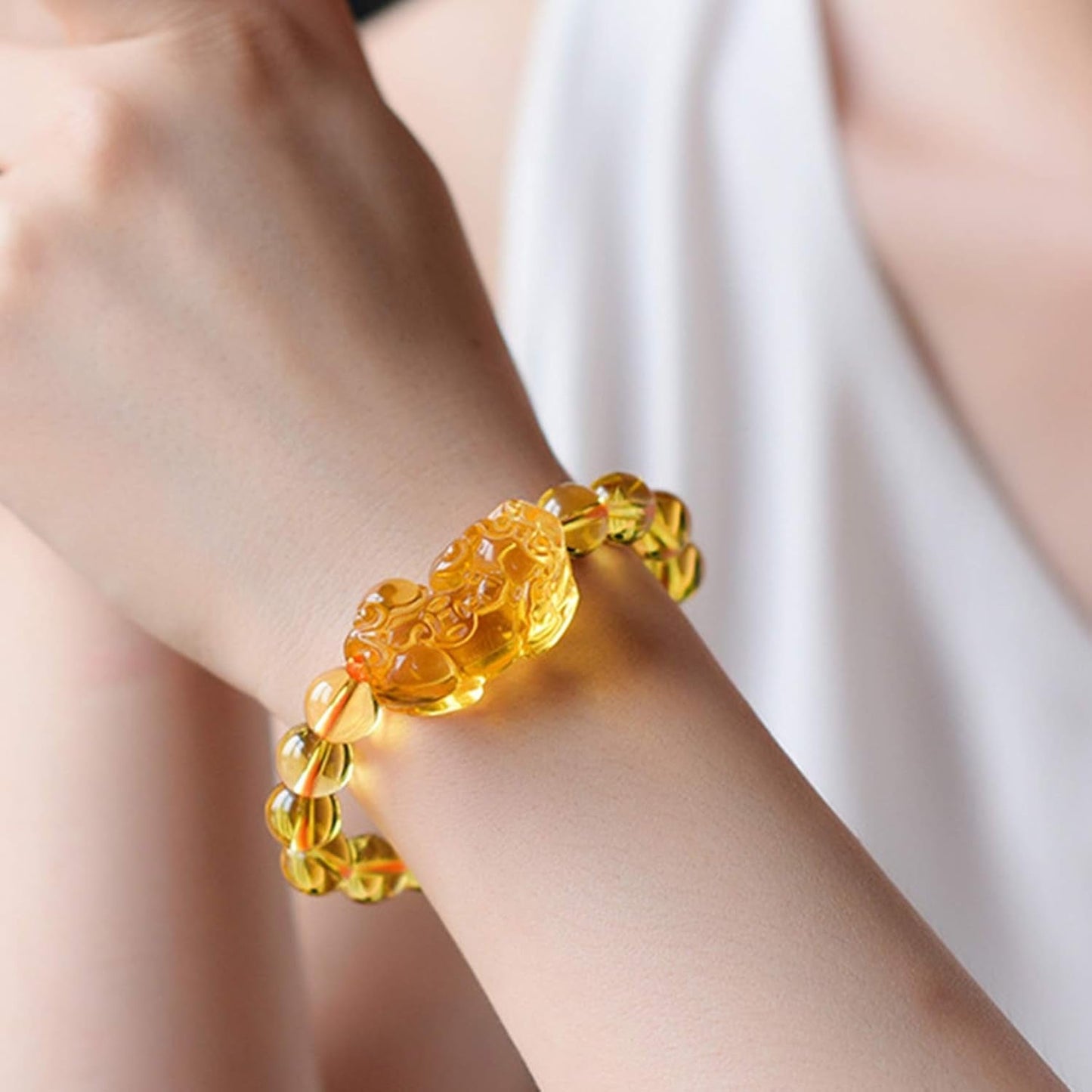 Feng Shui Yellow Quartz Pixiu Pi Yao Bracelet Wealth Crystal Bracelet Attracts Wealth Yellow Bracelet Ward off Evil Spirits Couple Bracelet Amulet,12Mm