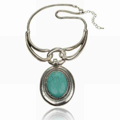 Luxury Necklace Ancient Silver Plated Natural Turquoise Stone Tribal Lady's Oversize Necklace